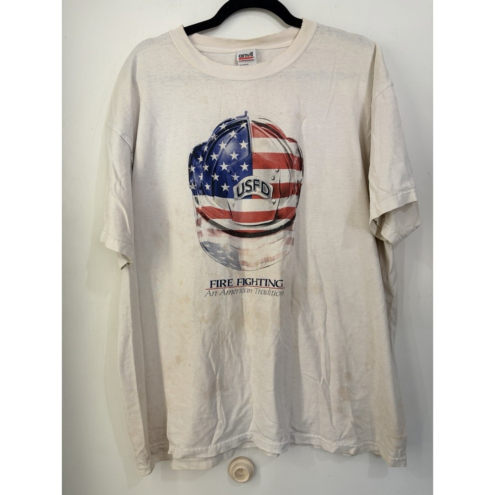 Vintage Anvil XL Firefighter USFD American Flag Helmet Graphic T Shirt